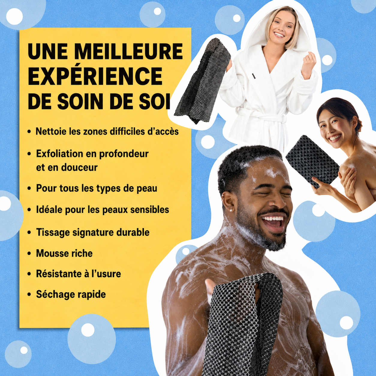 Serviette de douche exfoliante antibactérienne